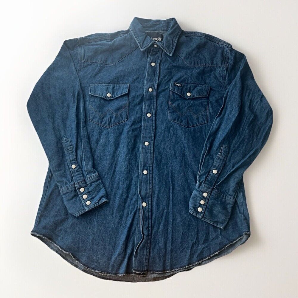 Vintage Wrangler Shirt Mens Large Blue Denim Pearl Snap Western Cowboy